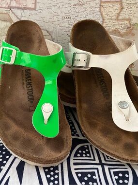 LOT 2 Pre-owned Birkenstock Gizeh Patent Thong Sandals Neon Green & White 39/8